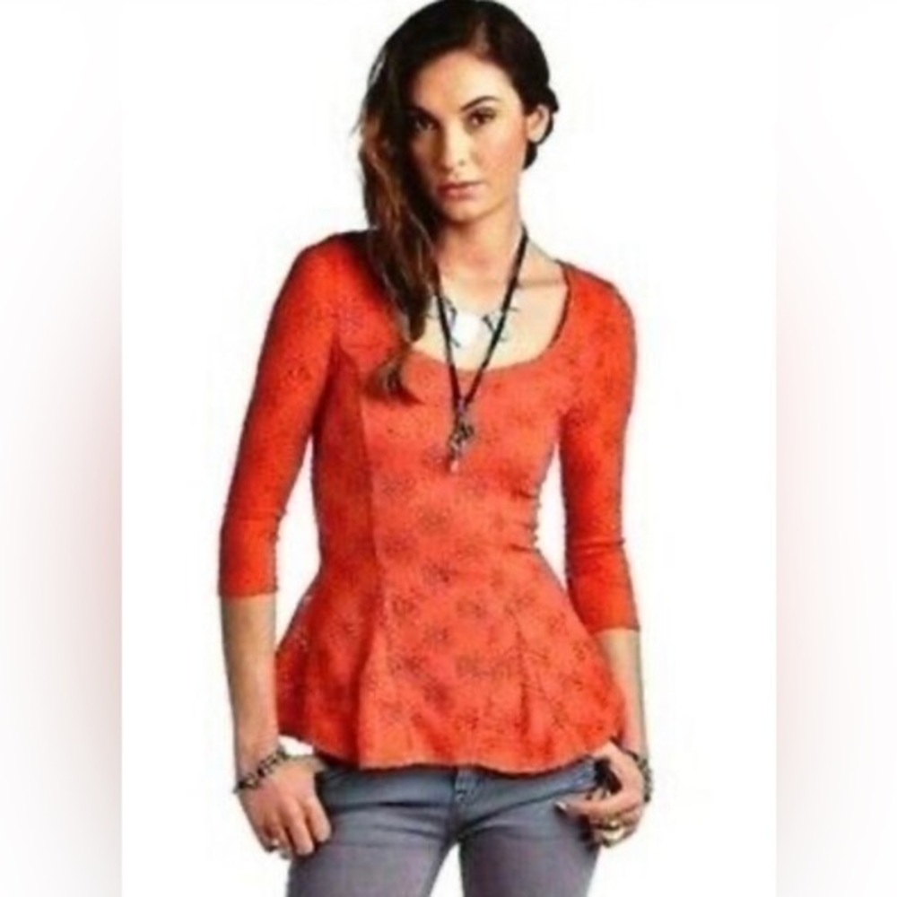 Free People Orange Lace Embroidered Peplum Top
